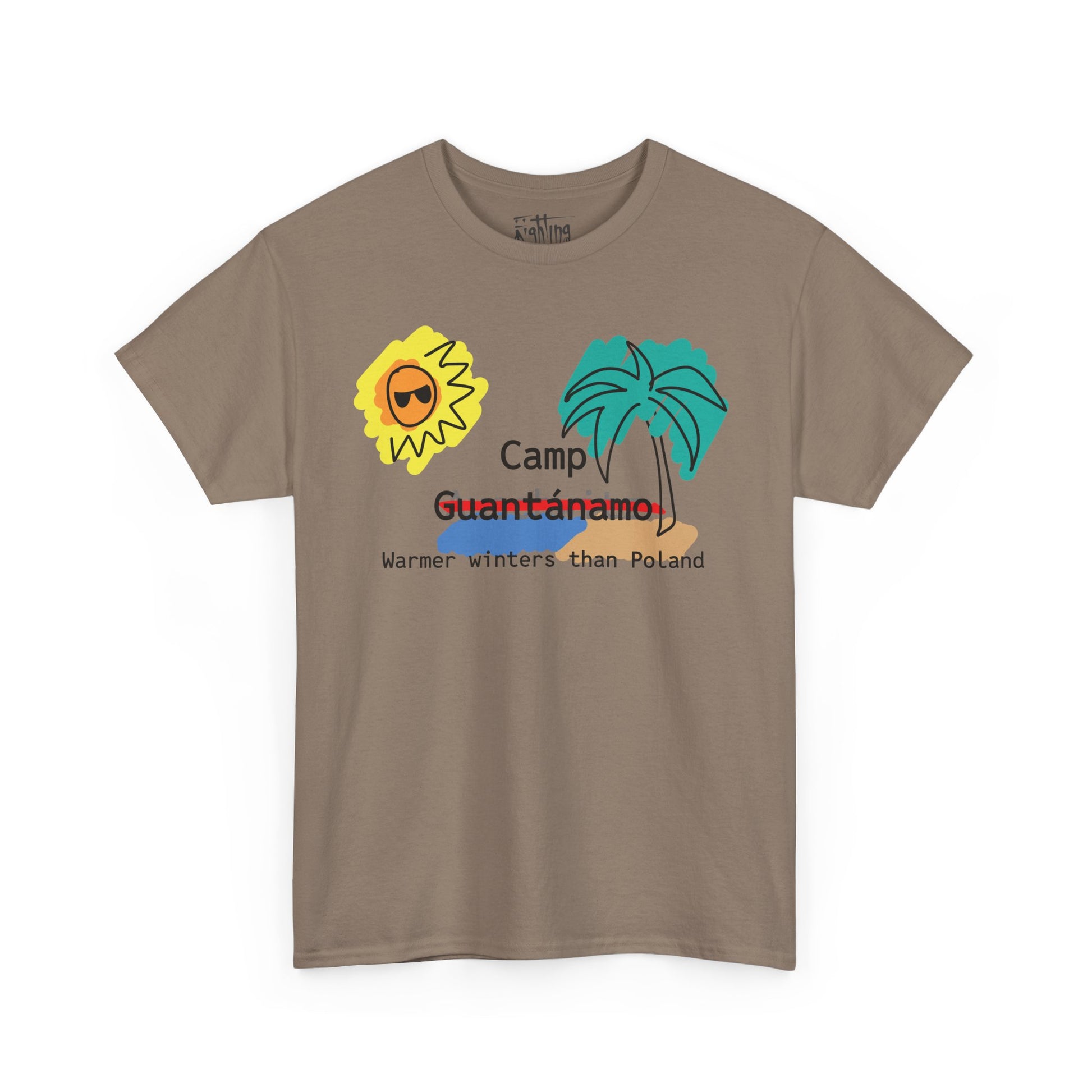 Camp Guantánamo summer shirt featuring a satirical design, 100% cotton, brown.